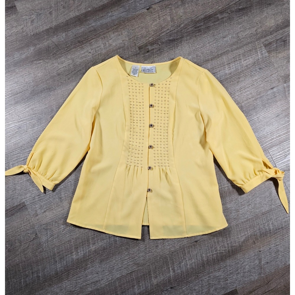 Cathy Che Stretch Yellow Button Front Blouse Beaded Detail 3/4 Tie Sleeve‎ Small